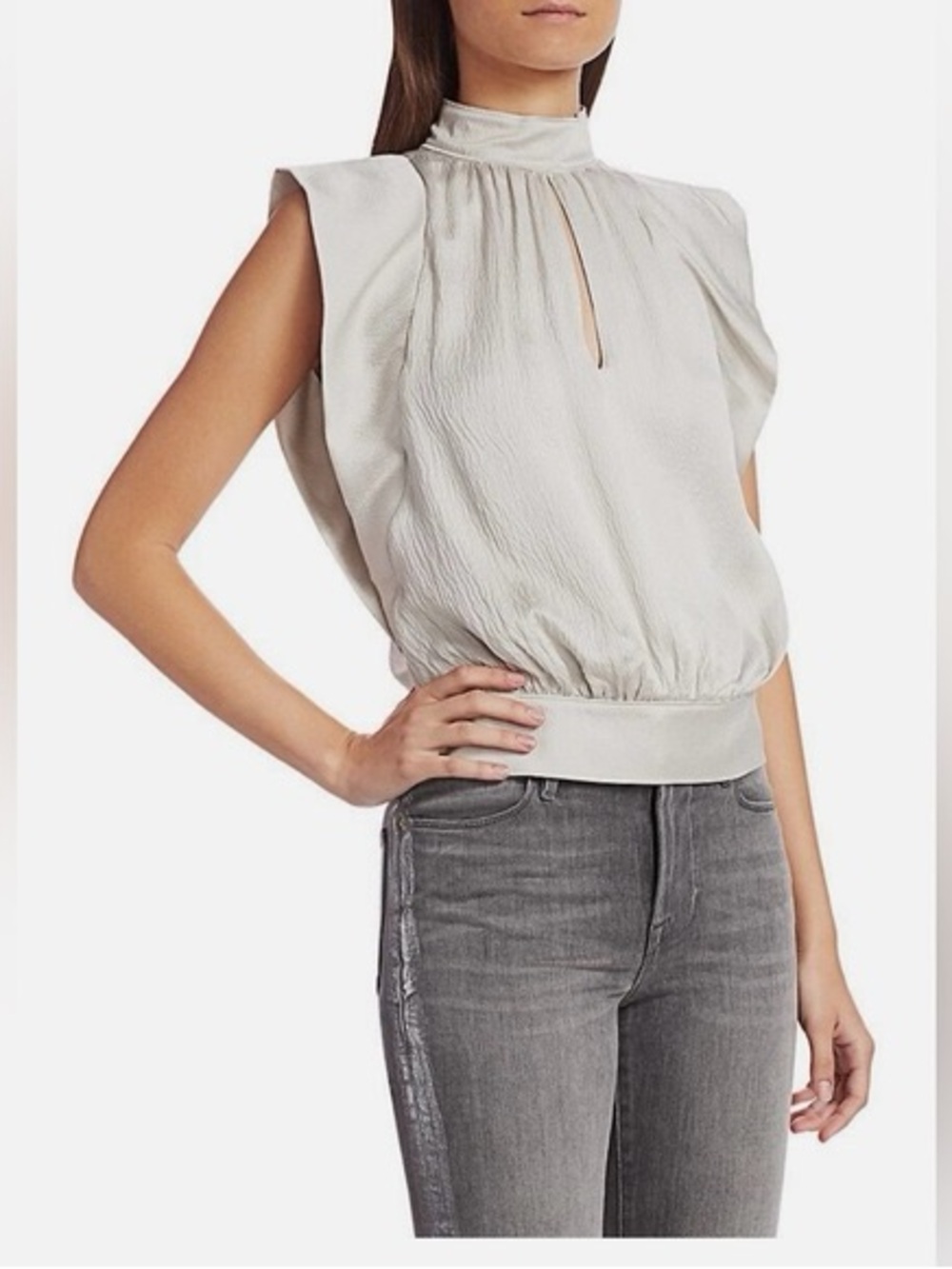 Frame 100% silk  Silver-Gray (smoke) Mock Neck Sleeveless Blouson Top